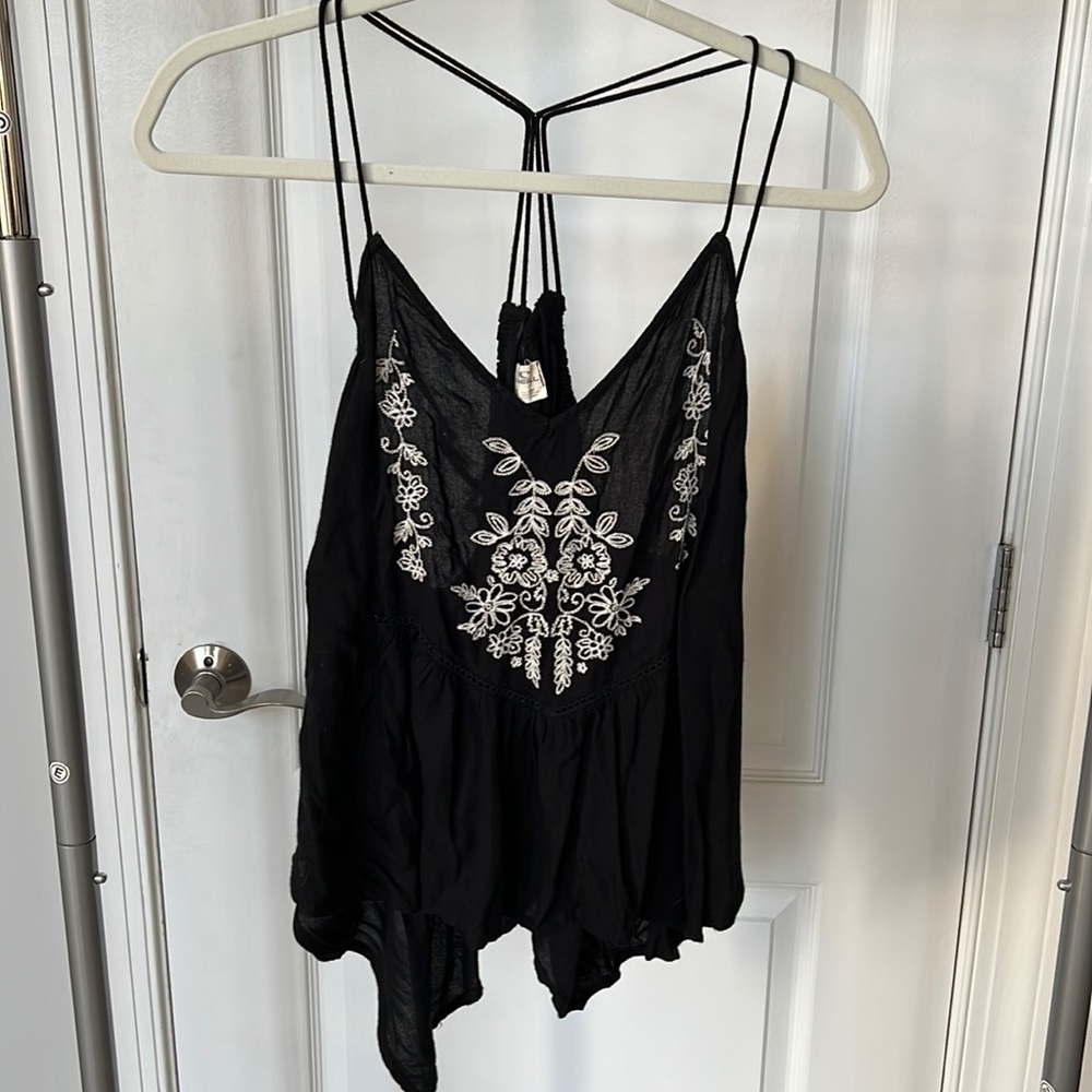Black and white embroidered halter neck tank